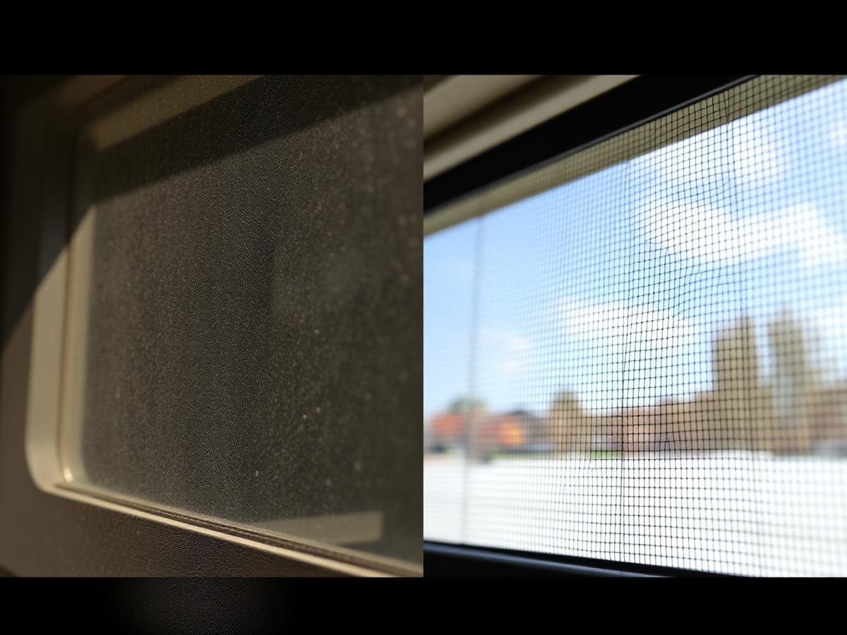 Dusty window screen next to a freshly cleaned screen — before and after