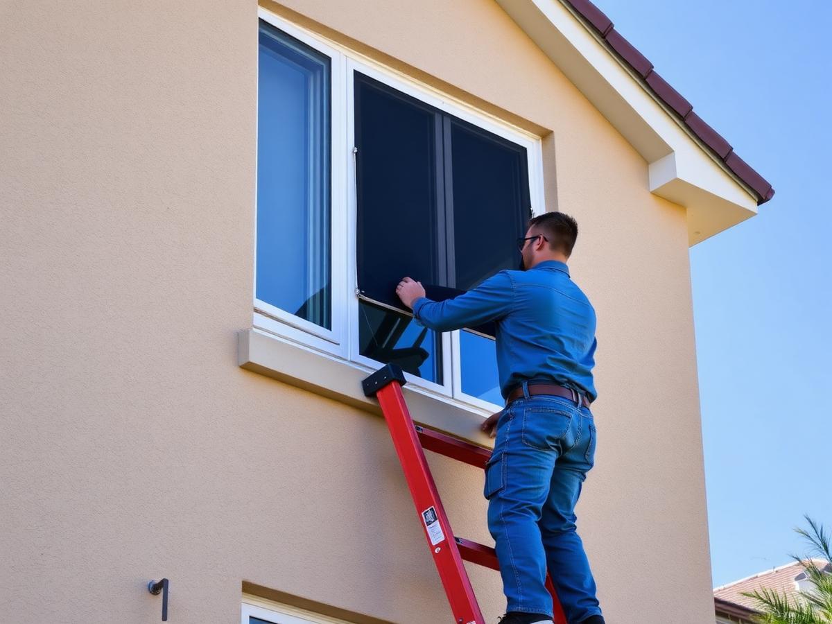 Clean window screen being reinstalled on a second-story window