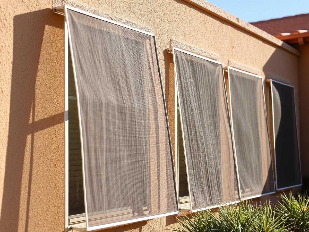 Freshly cleaned window screens drying against a stucco wall in Phoenix
