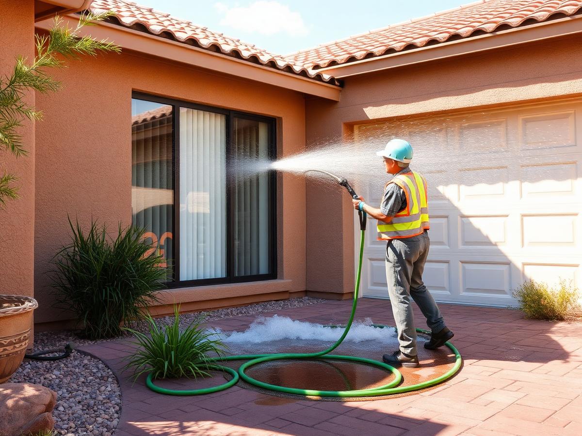 Technician rinsing window screens in a Phoenix Valley driveway