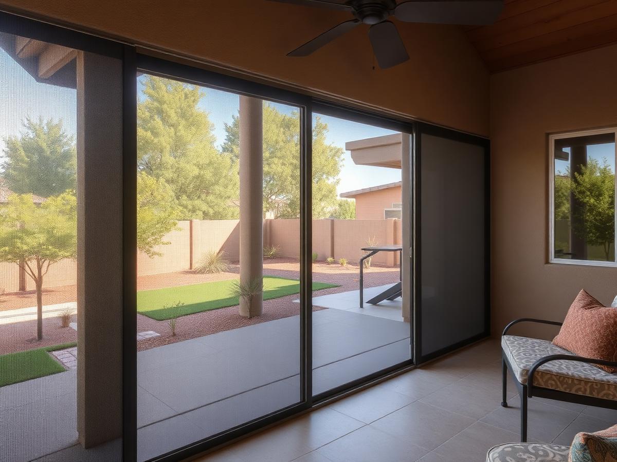 Clean sliding patio door screens on a covered Arizona patio